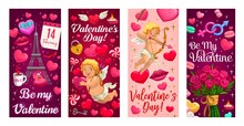 Valentines Day Vector Banners With Love Hearts, Cupids And Gifts. Rings, Romantic Flower Bouquet And Calendar, Candles, Cupid Angels With Arrows And Bow, Candy, Key And Padlock