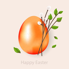 Poster - Happy Easter golden egg vector illustration. Realistic 3d painting. Realistic 3d painting with egg, twig, leaves and willow. Greeting color card template.