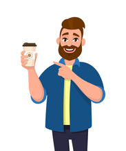 Young Bearded Trendy Man Holding A Coffee Cup And Showing Or Pointing Index Finger. Male Character Design Illustration. Modern Lifestyle, Food And Drink Concept In Vector Cartoon Style.
