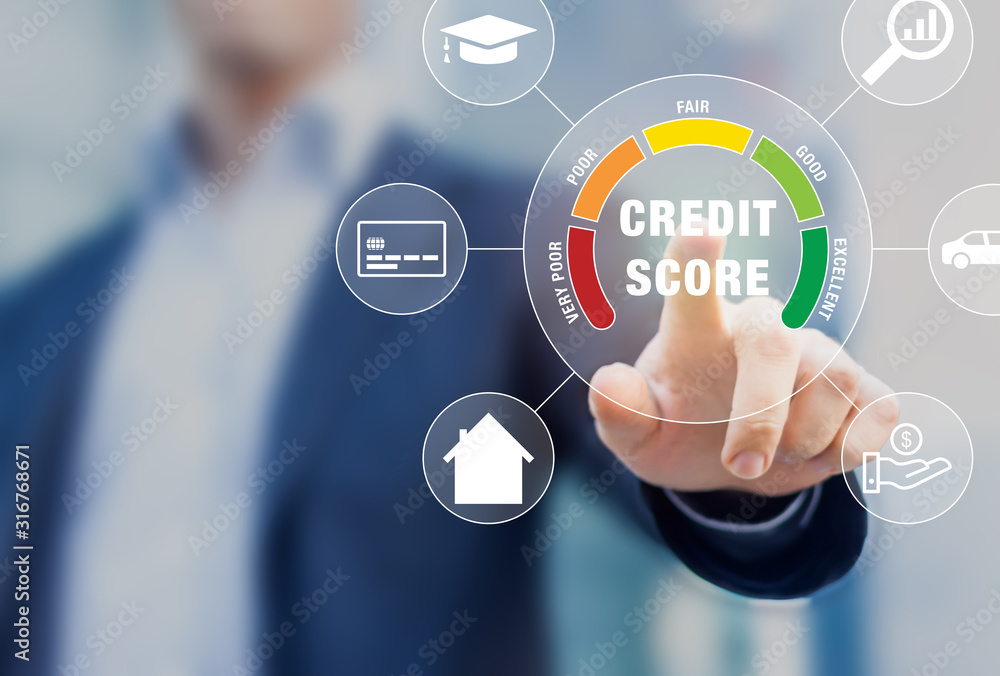 Credit Score rating based on debt reports showing creditworthiness or risk of individuals for student loan, mortgage and payment cards, concept with business person touching scorecard on screen - obrazy, fototapety, plakaty 