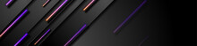 Black Tech Abstract Banner Design With Violet Orange Neon Laser Lines. Glowing Modern Futuristic Background. Vector Illustration