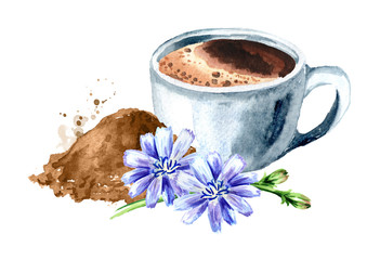 A cup of Hot Chicory drink with flowers and powder. Watercolor hand drawn illustration, isolated on white background