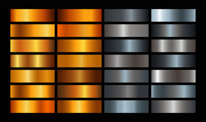 Golden silver glitter ribbons. Foil bronze gold metal gradient buttons, shiny chrome border, frame. Vector set