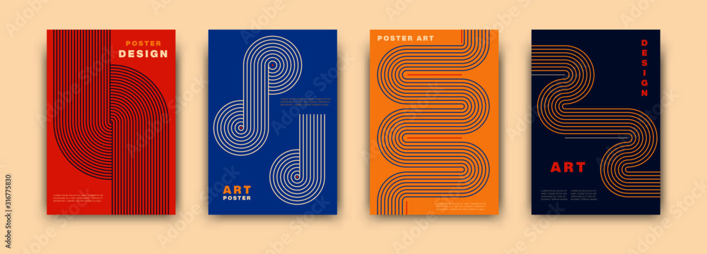 Abstract modernism graphic poster design. Vintage colorful vector covers set swiss memphis style. Retro geometric art compositions for journal, books, posters, flyers, magazines - obrazy, fototapety, plakaty 