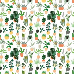 Seamless pattern with collection of hand drawn indoor house plants on white background. Collection of potted plants. Colorful flat vector illustration