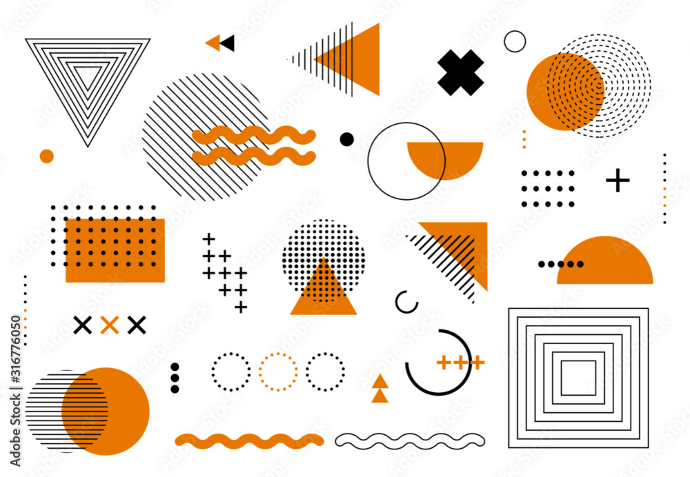 Geometric abstract elements memphis style. Set of funky bold constructivism graphics for posters, flyers. Vector yellow and black minimal shapes for modern cover design - obrazy, fototapety, plakaty 