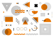 Geometric Abstract Elements Memphis Style. Set Of Funky Bold Constructivism Graphics For Posters, Flyers. Vector Yellow And Black Minimal Shapes For Modern Cover Design