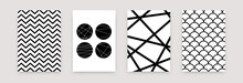 Geometric Abstract Black White Pattern Set. Vector Scandinavian Minimalistic Art Poster Design Templates. Simple Illustration Swiss Style For Wallpaper, Flyer, Banner, Home Decor