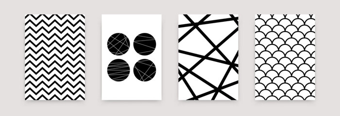 Wall Mural - geometric abstract black white pattern set. vector scandinavian minimalistic art poster design templ