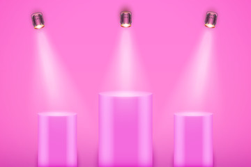 Wall Mural - Light box with Pink presentation three column podiums on light backdrop with spotlights. Editable Background Vector illustration.