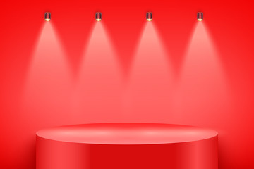 Wall Mural - Light box with Red presentation circle podium on light backdrop with four spotlights. Editable Background Vector illustration.