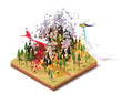 Vector isometric firefighting airplane and helicopter fighting wildfires. Wildfire or bushfire infographic. Airplane dropping fire retardant on trees, water bomber helicopter over burning forest