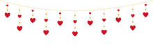 Heart Red Garland On White Background. Valentines Day Border. Romantic Design With Hanging Hearts. Holiday Texture For Greeting Card, Wedding Invitations, Posters, Flyers. Vector Illustration