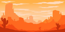 Desert Landscape With Cactuses And Mountains In Cartoon Style. Design Element For Poster, Card, Banner, Flyer.