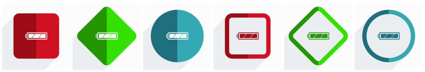 Leinwandbilder - Battery icon set, flat design vector illustration in 6 options for webdesign and mobile applications in eps 10