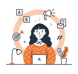 Wall Mural - a marketing girl is sitting at a table. digital marketing concept. modern profession. line art. dood