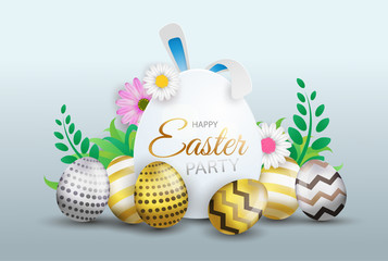 Wall Mural - Happy Easter decoration background, colorful eggs with sign, flowers and text. Vector illustration.