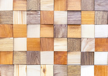 Cubes From Different Species Of Wood. Wooden Tiles For Wall Decor.
