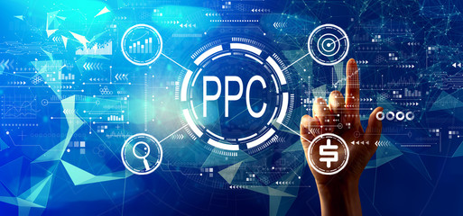 PPC - Pay per click concept with hand pressing a button on a technology screen