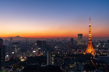 Tokyo tower and skyscrapers at magic hour