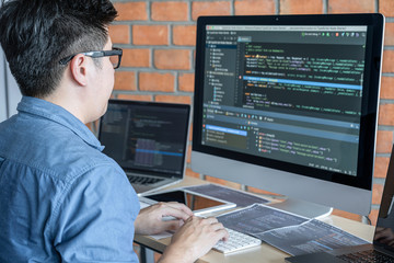 Wall Mural - young professional programmer working at developing programming and website working in a software de