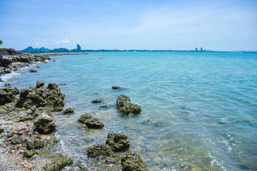 The beach is full of rocks,beach full of rocks in Montenegro with beautiful view to sea,Beautiful scenery on the beach at low tide seen rocks on the mainland full of charm.