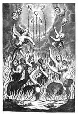 Antique vintage religious allegorical engraving or drawing of souls or people suffering in fire of hell and angels showing them way to heaven.Illustration from Book Die Betrubte Und noch Ihrem