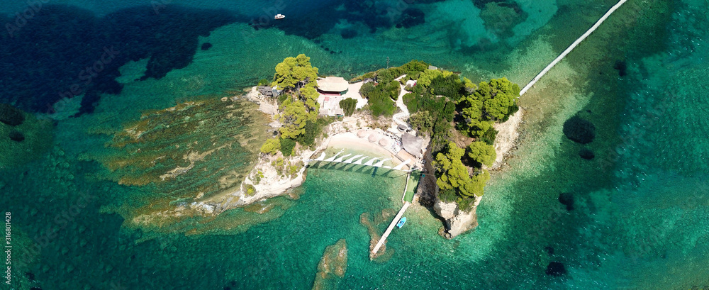 Obraz na płótnie Aerial drone ultra wide photo of iconic small islet of Cameo near Laganas bay, Zakynthos island, Ionian, Greece w salonie