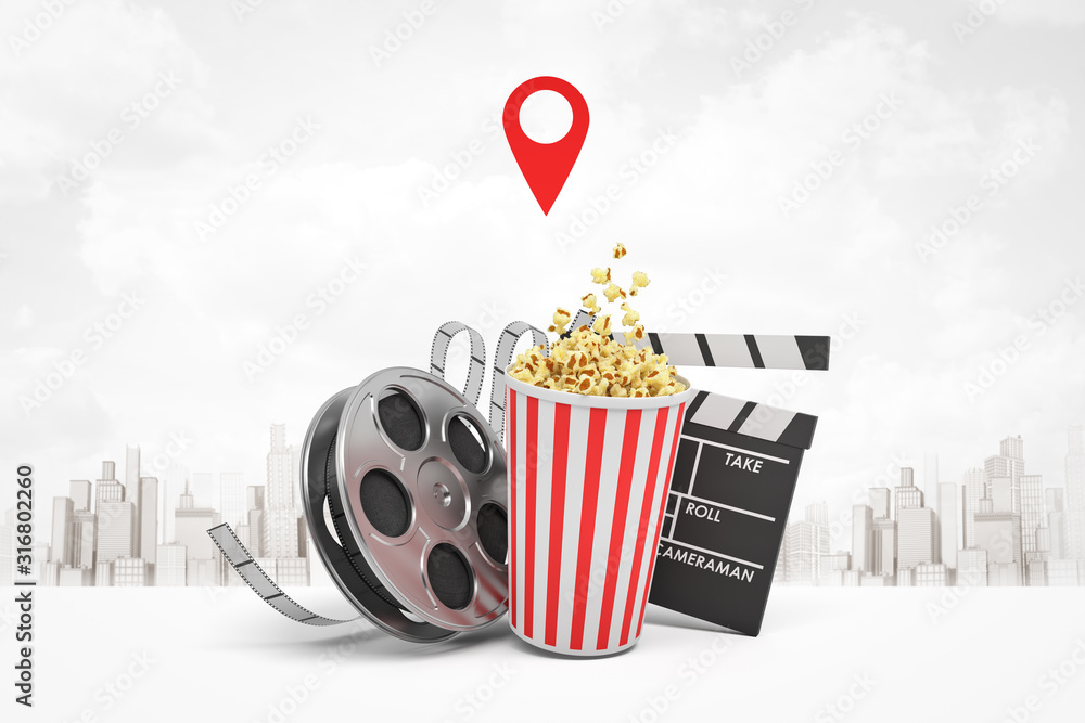 3d rendering of popcorn bucket, film reel, movie clapper on white city skyscrapers background - obrazy, fototapety, plakaty 