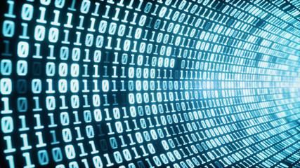 Digital binary code tunnel, glowing neon style, binary data background, blue color