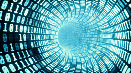 Digital binary code tunnel, glowing neon style, binary data worm hole background, blue color