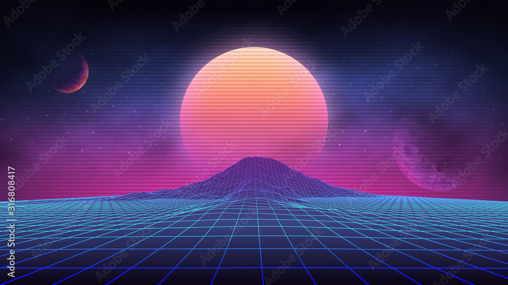 Futuristic retro landscape of the 80`s. Vector futuristic illustration of sun with mountains in retro style. Digital Retro Cyber Surface. Suitable for design in the style of the 1980`s. - obrazy, fototapety, plakaty 