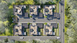 Aerial view of a townhouse village / gated community in the foggy morning, 3d rendering