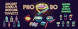 Neon pho bo noodles for bar sign, logo. Lots of ramen, soup, sushi, rolls and asian food. Bottles and cocktails for drink menu. Two variations of alphabet and digits.