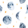 Watercolor hand drawn moon phases and stars seamless pattern isolated on white background. Space print for  textile, wallpaper, wrapping paper, background, design etc.