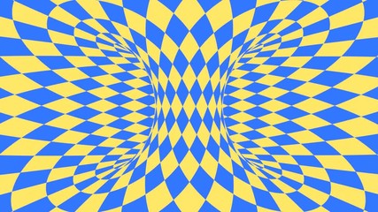 Wall Mural - Blue and yellow psychedelic optical illusion. Abstract hypnotic diamond animated background. Wallpaper with rhombus shapes