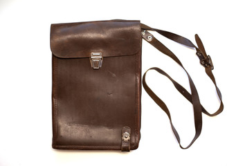 brown military leather bag old shabby for documents on a white background
