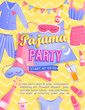 Bright Pajama party's invitation flyer. Night time for kids and parents,nightwear, pillows,sweets,fun. Poster or card for happy event.Birthday celebration for children in pyjamas.Vector illustration.