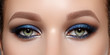 Closeup Macro of Woman Face with Green Eyes Make-up. Fashion Celebrate Makeup, Glowy Clean Skin, perfect Shapes of Brows