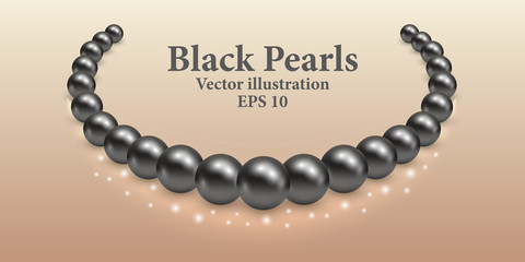 Black pearl necklace with light shiny effect and glowing sparkles. Luxury beauty design vector illustration.n vector illustration.