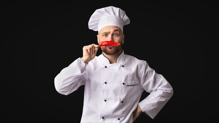 Funny Chef Holding Red Pepper Near Face Posing, Studio, Panorama