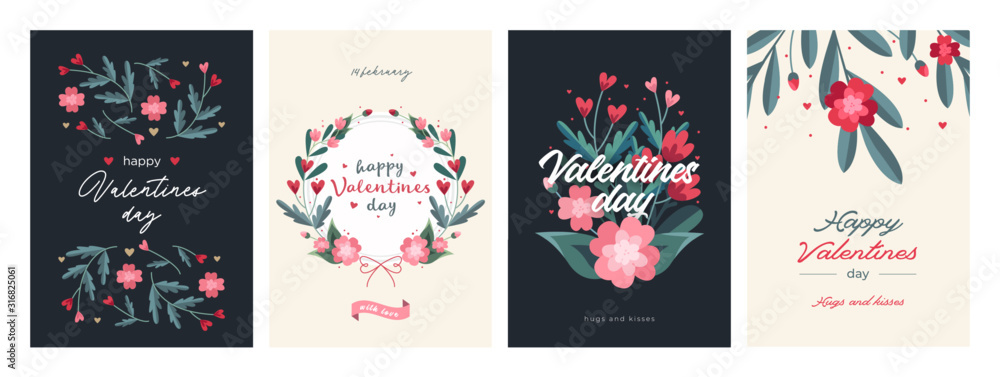 Set of Valentines Day Card Templates. Trendy Floral Style. Design with ornaments, hearts and ribbons - obrazy, fototapety, plakaty 