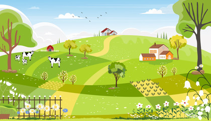 Rural farm landscape with green fields, farm hous, barn, animals cow, blue sky and clouds, Vector cartoon Spring or Summer landscape,Eco village or Organic farming in uk