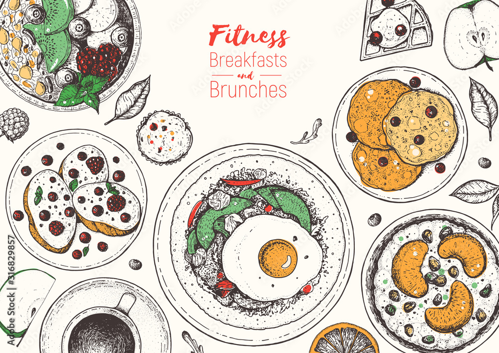 Breakfasts top view frame. Morning food menu design. Breakfast and ...