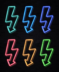 Wall Mural - Realistic color lightning bolt neon sign set on black brick wall background. Energy electricity symbol for decoration covering flyer banner. Lightning thunder concept. Bright light vector illustration