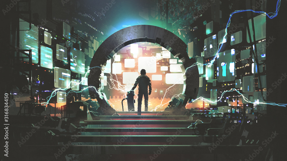 sci-fi concept showing a man standing at the futuristic portal, digital art style, illustration painting - obrazy, fototapety, plakaty 