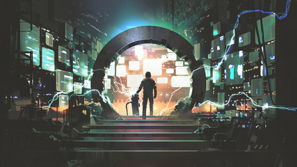 sci-fi concept showing a man standing at the futuristic portal, digital art style, illustration pain