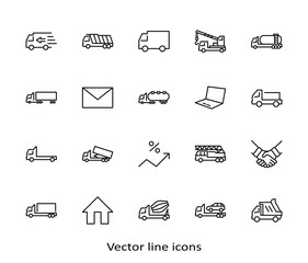 Wall Mural - Truck Set of Transport Vector Line Icons. Contains such Icons as Truck, Transportation, Tow Truck, Cranes, Mixer, Garbage Truck, Manipulators, Delivery service and more. Editable Stroke. 32x32 Pixels