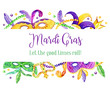 Mardi Gras border with traditional objects on top and bottom. Masks, feathers, crowns and beads. Title in French Fat Tuesday. Hand drawn watercolor illustration