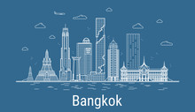 Bangkok City Line Art Vector Illustration With All Famous Buildings. Cityscape.